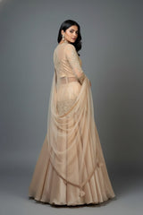 Beige Net Embellished Sequin Cutdana Worked Slit Cut Peplum Top with Lehenga
