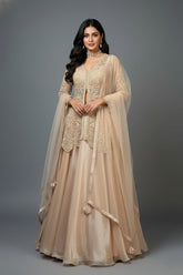 Beige Net Embellished Sequin Cutdana Worked Slit Cut Peplum Top with Lehenga