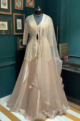Beige Net Embellished Sequin Cutdana Worked Slit Cut Peplum Top with Lehenga
