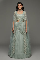 Light Mint Green Satin Embellished Crop Top Lehenga Set with Attached Dupatta and Long Shurg