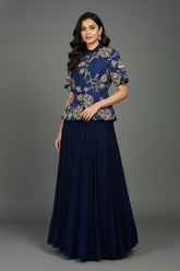 Navy Blue Silk Peplum Lehenga Set with Printed and Sequin Work