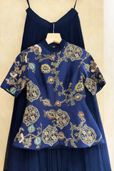 Navy Blue Silk Peplum Lehenga Set with Printed and Sequin Work