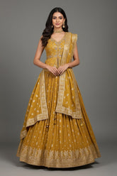 Mustard Chinon Embellished Sequin Cutdana Worked Slit Cut Peplum Top with Lehenga