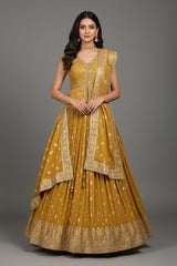 Mustard Chinon Embellished Sequin Cutdana Worked Slit Cut Peplum Top with Lehenga