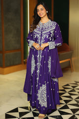 Violet Purple Raw Silk High Slit Cut Beaded Palazzo Suit