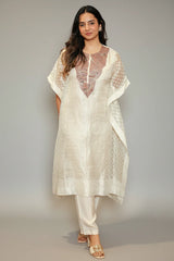 Ivory Beige Tissue Woven Stripes Kaftan Set with Beads and Embroidery Work
