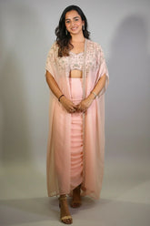Baby Pink Silk Sequin Cutdana Crop Top Draped Skirt Set with Cape Jacket