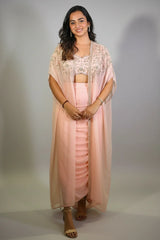 Baby Pink Silk Sequin Cutdana Crop Top Draped Skirt Set with Cape Jacket