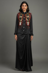 Black Satin Crepe Embellished Statement Shirt with Dhoti Skirt
