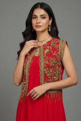 Red Satin Silk Dress with Embellished Jacket