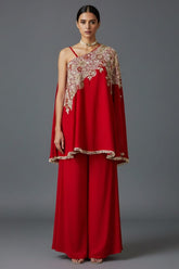 Red Satin Silk Beaded and Sequin Embroidered One Shoulder Palazzo Suit