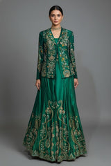 Green Satin Sequin Cutdana Worked Indo Western Set