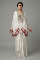 Off White Georgette Organza Asymmetric Sequinned Top and Dhoti Skirt Set