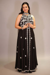 Black Raw Silk Beaded and Mirror Worked Slit Cut Palazzo Suit