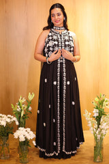 Black Raw Silk Beaded and Mirror Worked Slit Cut Palazzo Suit