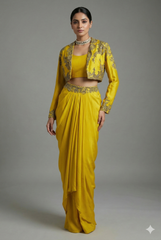 Yellow Organza Beaded Crop Top Skirt Set with Full Sleeved Short Jacket