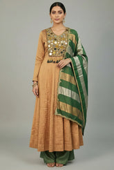 Golden Tissue Silk Anarkali Suit with Sequin and Applique Work