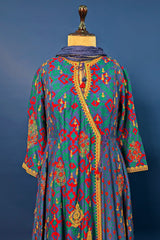 Blue Silk Printed Angrakha Style Palazzo Suit with Sequin Embroidery Work