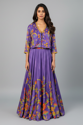 Violet Purple Satin Silk Printed Co-Ord Set with Sequin and Cutdana Work