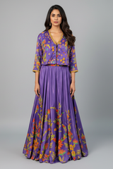 Violet Purple Satin Silk Printed Co-Ord Set with Sequin and Cutdana Work