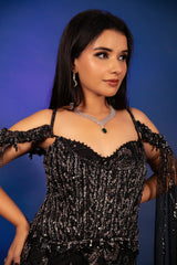 Black Net Sequin Cutdana Worked Gown with Cape