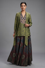Green Silk Printed Indo Western Set