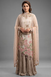 Grey Raw Silk Asymmetric Floral Embroidered and Bead Worked Palazzo Suit