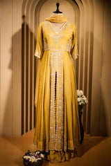 Yellow Raw Silk V Neckline Slit Cut Palazzo Suit with Sequins Work