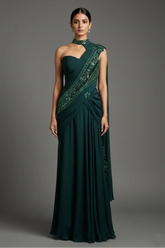 Bottle Green Chinon Silk Indo Western Set