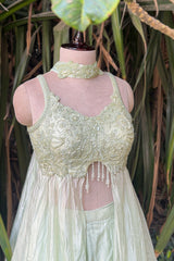 Mint Green Soft Organza Silk Sequin Cutdana worked High Slit Cut Palazzo Suit