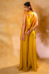 Yellow Organza Crop Top Palazzo Set with Mirror Worked Jacket