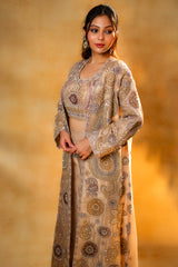 Champagne Beige Sequinned and Beaded Crop Top Palazzo Set with Long Jacket