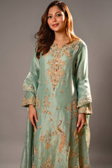 Turquoise Blue Organza Designer Handworked Suit