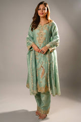 Turquoise Blue Organza Designer Handworked Suit