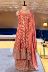 Rose Gold Pink Chinon Tissue Woven Anarkali Palazzo Suit