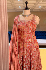 Rose Gold Pink Chinon Tissue Woven Anarkali Palazzo Suit