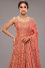 Rose Gold Pink Chinon Tissue Woven Anarkali Palazzo Suit