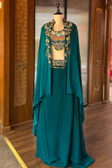 Bottle Green Crepe Satin Silk Beaded Crop Top Skirt Set with Jacket