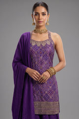 Purple Art Silk Printed Straight Cut Palazzo Suit