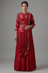 Red Chinon Silk Cutdana Beaded Peplum Skirt Set with Attached Dupatta