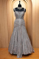 Grayish-Taupe Couture Heavily Hand-Embroidered Evening Gown