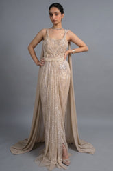 Champagne Beige Premium Net Hand-Embroidered Couture Gown with Watteau Trail Cape