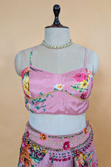 Rosewater Pink Crepe Satin Draped Co-ord Set with Hand-Embroidered Cape Jacket
