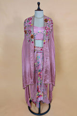 Rosewater Pink Crepe Satin Draped Co-ord Set with Hand-Embroidered Cape Jacket