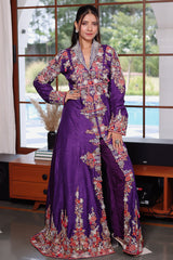 Purple Raw Silk Embellished Handworked Crop Top Jacket Set