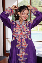 Purple Raw Silk Embellished Handworked Crop Top Jacket Set