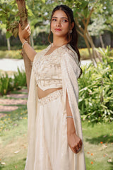 Ivory White Imported Jacquard Sequin and Beaded Draped Skirt Set