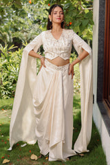 Ivory White Imported Jacquard Sequin and Beaded Draped Skirt Set