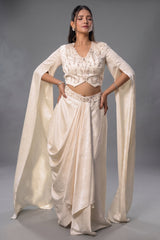 Ivory White Imported Jacquard Sequin and Beaded Draped Skirt Set