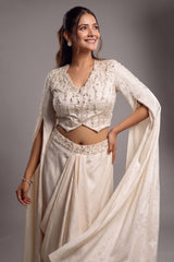 Ivory White Imported Jacquard Sequin and Beaded Draped Skirt Set
